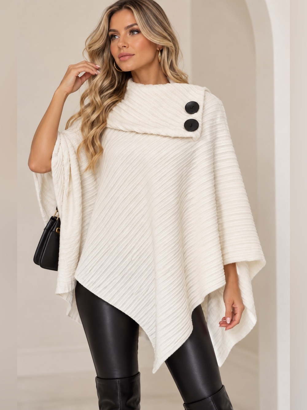 Le Moda Lord Daniel White Ribbed Asymmetrical Poncho Cape Oversized Collar